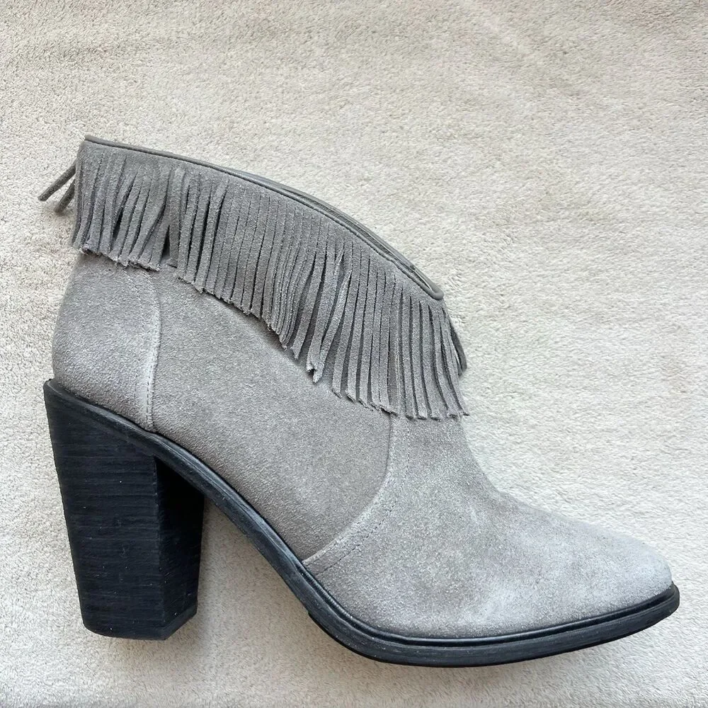 Joie Loren Gray Suede Ankle High Block Heel Booties Women 41 US 10.5 - 11 Fringe